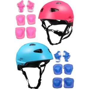 Pembe Mavi 2 Li  Çocuk Kask ve Dizlik Dirseklik Seti Spor Koruyucu Donanım Seti Kaykay Bisiklet Scooter Paten Için