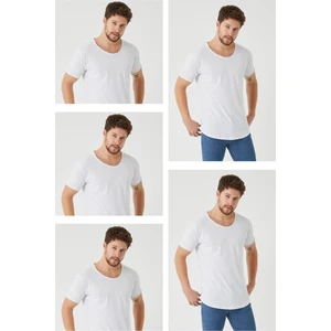 Tarz Cool Erkek 5'li Beyaz Oval Etek Geniş Yaka %100 Pamuk Kısa Kollu Tişört