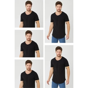 Tarz Cool Erkek 5'li Siyah Oval Etek Geniş Yaka %100 Pamuk Kısa Kollu Tişört