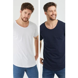 Tarz Cool Erkek Beyaz-Lacivert Oval Etek Geniş Yaka %100 Pamuk Kısa Kollu Tişört