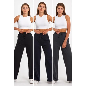 Siyah-Lacivert-Antrasit Kadın Mevsimlik Salaş Geniş Rahat Paça Yan Cepli 3'lü Eşofman Altı