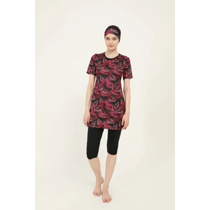 Yarım Kol Desenli Yarı Tesettür Boneli Mayo