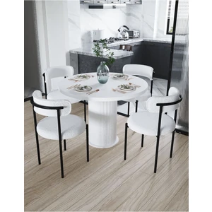 Eylül Masa Sandalye Takımı Yuvarlak Masa 4 Sandalye Bukle - Teddy Kumaş Mutfak Masası Yemek Masası