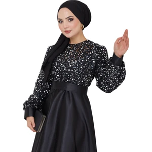 Ayşe Melek Tasarım Kadın Giyim Abiye Moda Pul Detaylı Saten Abiye 2537