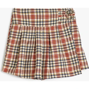 Ekoseli Şort Etek Kemer Tokalı Pileli