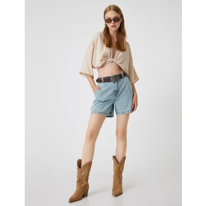 Mini Kot Şort Normal Bel Düğmeli Rahat Kalıp Cepli