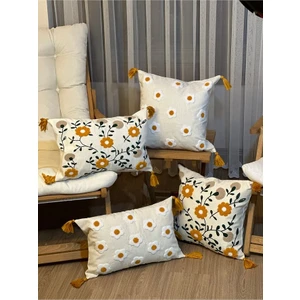 Bugi Home Collection 4’lü Punch Işlemeli Nakışlı Çiçek Desenli Dekoratif Kırlent Kılıfı Panç