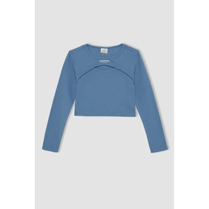Kız Çocuk Crop Bisiklet Yaka Basic Düz Fitilli Kaşkorse Uzun Kollu Tişört D2986A824AU
