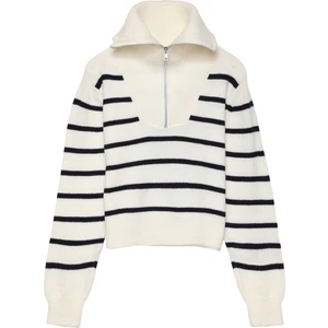 Yakası Fermuarlı Çizgili Triko Kazak Lacivert