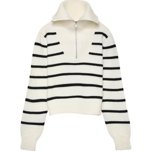 Yakası Fermuarlı Çizgili Triko Kazak Siyah