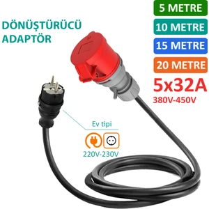 5m, 5X32A 380V ile Çalışan Cihazınızı, 220V Ev Tipi Prize Bağlar. Elektrikli Araç Şarj İstasyonu Dönüştürücü Adaptör