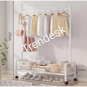 Metal Siyah /beyaz /krem 2 Raflı Raflı Konfeksiyon Askılığı  Ayaklı Elbise Askılığı 176CM