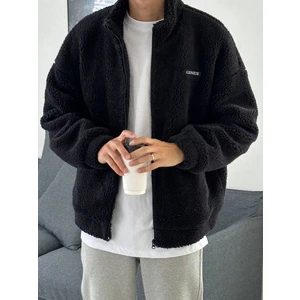 Genius Store Oversize Tam Fermuarlı Kuzu Sweatshirt Içi Polarlı Sherpa Kumaş Sweatshirt Siyah L