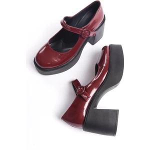 Biza Bordo Rugan Mary Jane Ayakkabı Kalın Platform Topuklu Sandalet