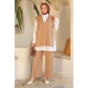 Armine Trend Pantolonlu Gömlek ve Yelekli Üçlü Takım Vizon 24KT601