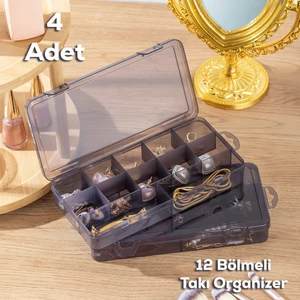 ORG-600 Çok Amaçlı Bölmeli Şeffaf Kutu 4'lü Organizer Kapaklı Boncuk Takı Kutusu Takı Düzenleyici Antrasit