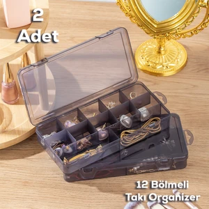 ORG-600 Çok Amaçlı Bölmeli Şeffaf Kutu 2'li Organizer Kapaklı Boncuk Takı Kutusu Takı Düzenleyici Antrasit