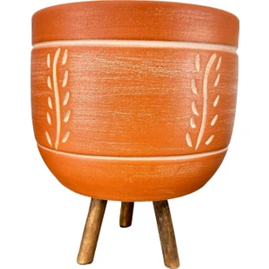 Bitki Tasarımı Ev Dekorasyon Nakış Desenli Toprak Saksı Saksılık Salon Çiçeklik 3 Ayaklı - 19 CM