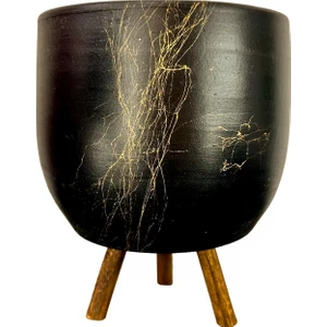 Bitki Tasarımı Ev Dekorasyon Aksesuar Siyah Üzeri Gold Mermer Efektli Toprak Saksı Saksılık Salon Çiçeklik 3 Ayaklı - 19 CM