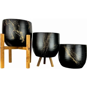 Bitki Tasarımı Ev Dekorasyon Aksesuar Siyah Üzeri Gold Mermer Efektli Toprak Saksı Saksılık Salon Çiçeklik Üçlü Set- 19 CM