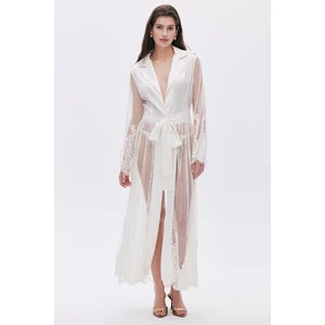 Calla Lily Ekru Dantel Detaylı Uzun Saten Sabahlık / Kimono