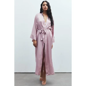 Frappant Gül Kurusu Uzun Saten Sabahlık / Kimono