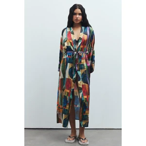 Frappant Coloré Desenli Uzun Saten Sabahlık / Kimono