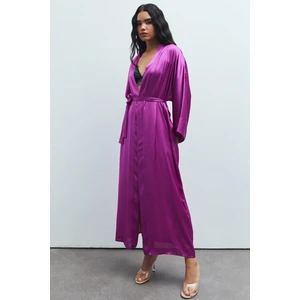 Frappant Fuşya Uzun Saten Sabahlık / Kimono