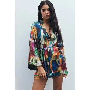 Fumée Coloré Desenli Kısa Saten Sabahlık / Kimono