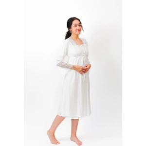 Kadın Ekru Lohusa Gecelik & Sabahlık Takımı Dantel Detaylı C6T0N1O2