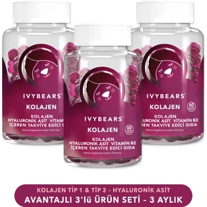 Ivybears Çiğnenebilir Kolajen Vitamin 3´lü Set - Tip 1 - Tip 3 - Hyaluronik Asit - Vitamin B2 - 180 Adet - 90 Günlük