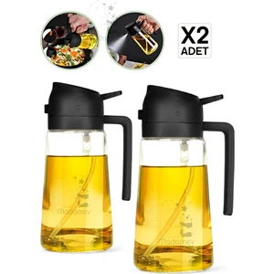 Madamev 2'li Çift Fonksiyonlu Cam Yağdanlık 550 ml Zeytinyağı Sıvıyağ Şişesi Airfryer Sprey Yağlık Püskürtücü