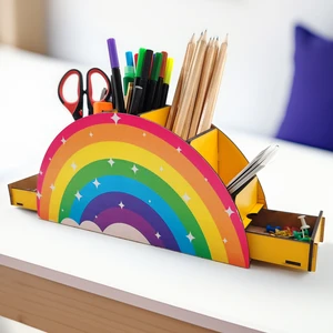 Dekoratif Ahşap Masa Üstü Çekmeceli 7 Gözlü Kalemlik Organizer