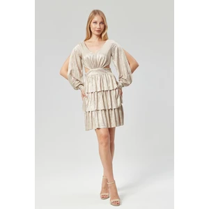 Abiye ve Mezuniyet Elbise Katlı Fırfırlı Kol Yırtmaçlı Kadın Abiye Elbise