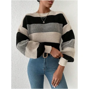 AQE FASHION Kadın Bisiklet Yaka Bloklu Siyah/taş Triko Kazak