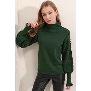 Kadın Yeşil Yarım Balıkçı Kolu Dantel Detaylı Kazak
