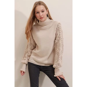 Kadın Tas Yarım Balıkçı Kolu Dantel Detaylı Kazak