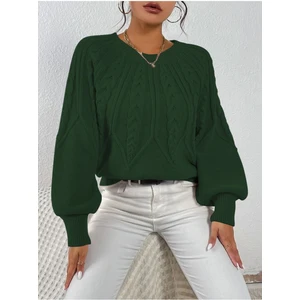 Saç Örgülü Bisiklet Yaka Italyan Kol Triko Koyu Yeşil Kazak