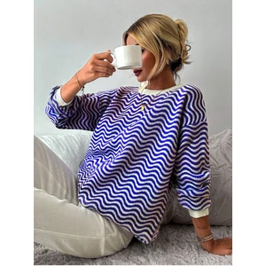 Bisiklet Yaka Dalga Desenli Triko Kazak Saks Mavi