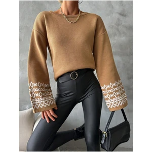 Bisiklet Yaka Salaş Kol Oversize Jakar Desenli Detaylı Triko Kazak Camel