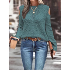 Kadın Bisiklet Yaka File Detaylı Saç Örgü Yürütme Desenli Omuz Detaylı Mint Triko Kazak