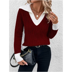 Kadın V Yaka Yürütme Desen Saç Örgü Bordo Triko Kazak