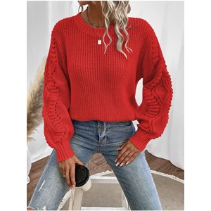 Selanik Örgü Kol Motifli Bisiklet Yaka Kırmızı Triko Kazak