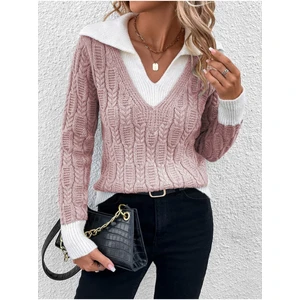 Kadın V Yaka Yürütme Desen Saç Örgü Pudra Triko Kazak