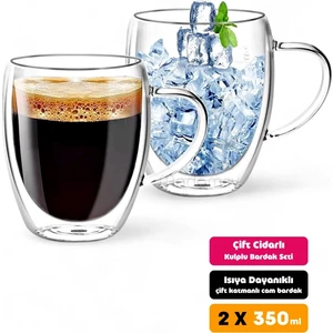 2'li Çift Cidarlı Bardak 350ML Isıya Dayanıklı Borosilikat Espresso Sunum Bardağı Kulplu Kahve Kupa