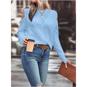 Kadın Bisiklet Yaka File Detaylı Saç Örgü Yürütme Desenli Omuz Detaylı Bebe Mavi Triko Kazak