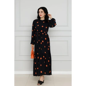 Puantiyeli Kuşaklı Eylül Elbise-Kahverengi