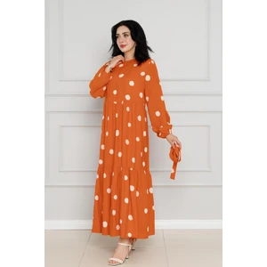 Puantiyeli Kuşaklı Eylül Elbise-Turuncu