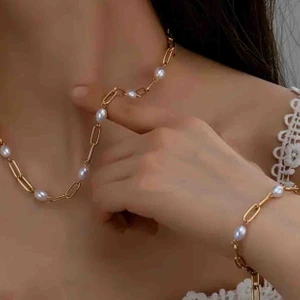 By Song Jewelry Gerçek Incili Çelik Kolye Bileklik Seti