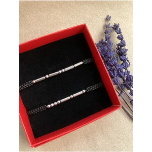 Hematit 2'li Doğal Taş Mors Alfabesi Bileklik Çift Sevgili Bilekliği Gümüş Renk Hediye Kutulu